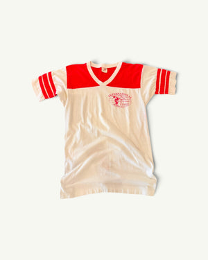 Amateur Archive Vintage white "International Fitness Centers" v-neck cotton T-shirt, with striped sleeves

"pre-loved item"