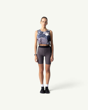 Amateur British Shorthair crop singlet featuring a cat print, worn by a model with grey athletic shorts.