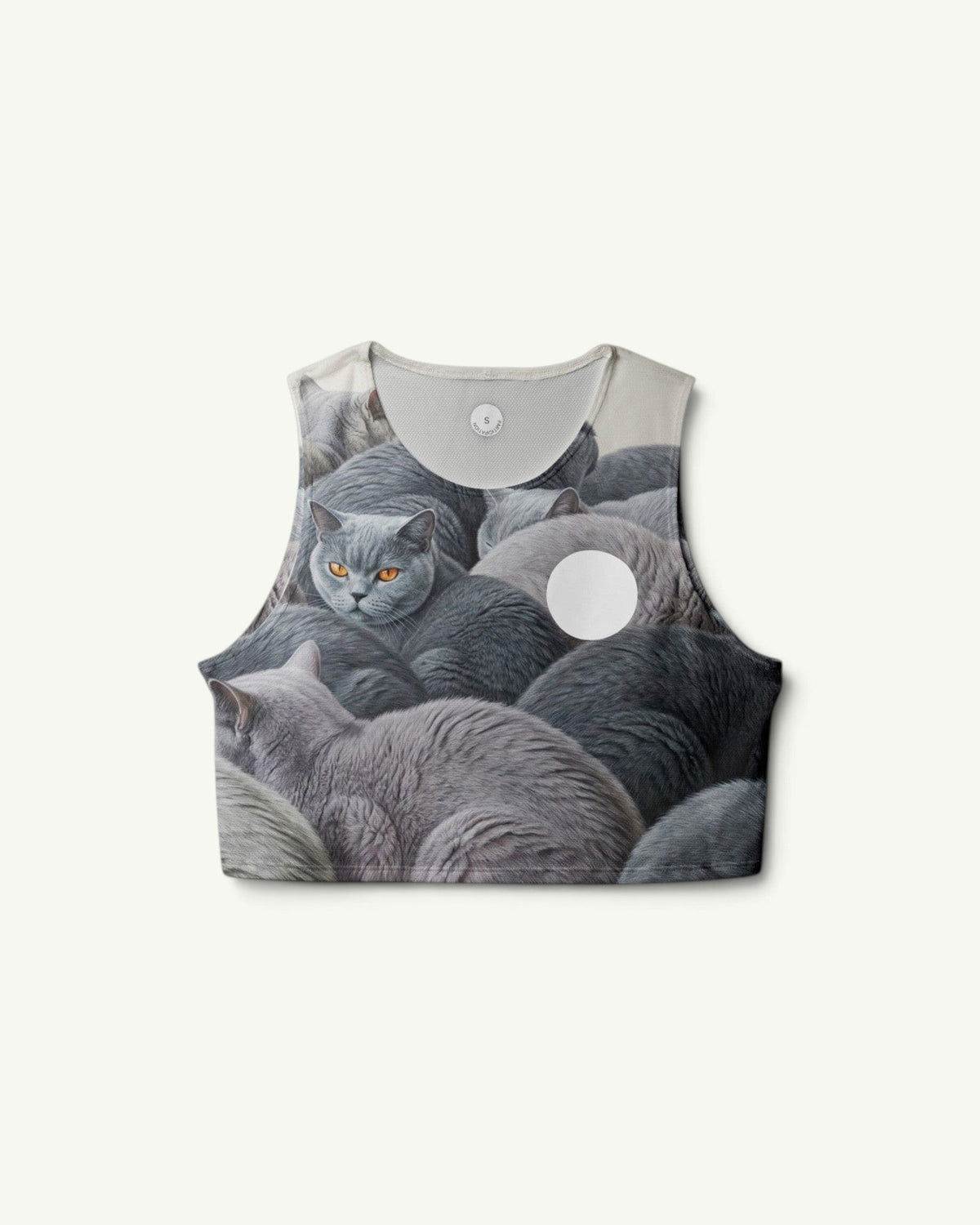 Participation British Shorthair crop singlet with grey cat print, featuring quick-drying four-way stretch fabric.