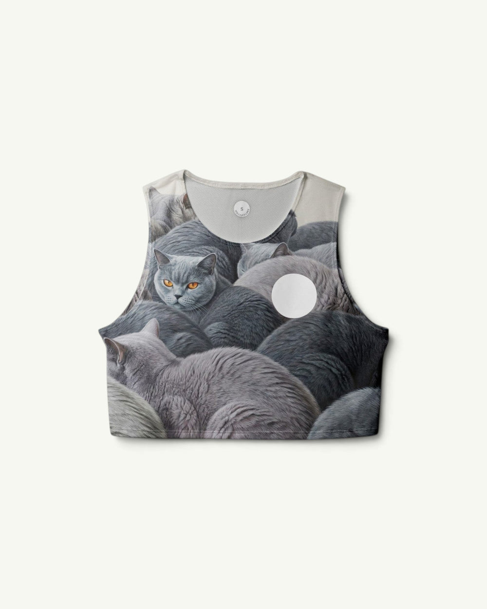Participation British Shorthair crop singlet with grey cat print, featuring quick-drying four-way stretch fabric.