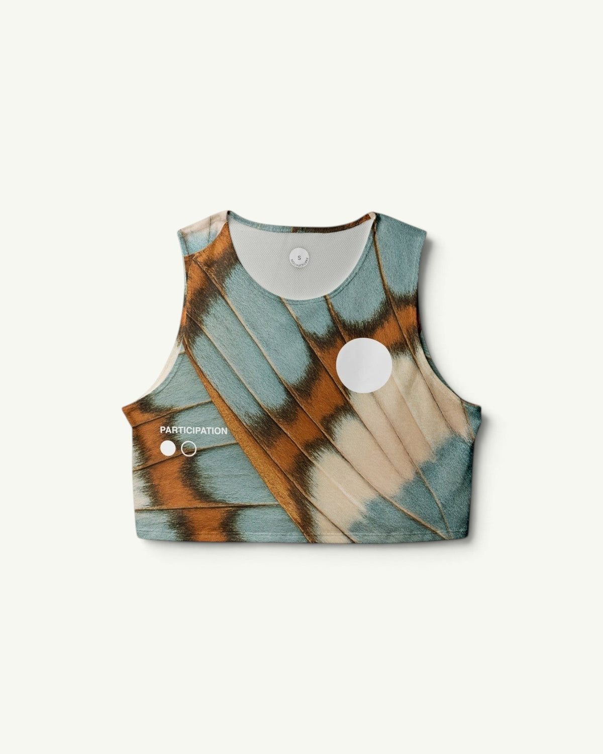 Participation Butterfly Crop Singlet featuring a blue and brown wing print, quick-drying stretch fabric, and racerback cut.