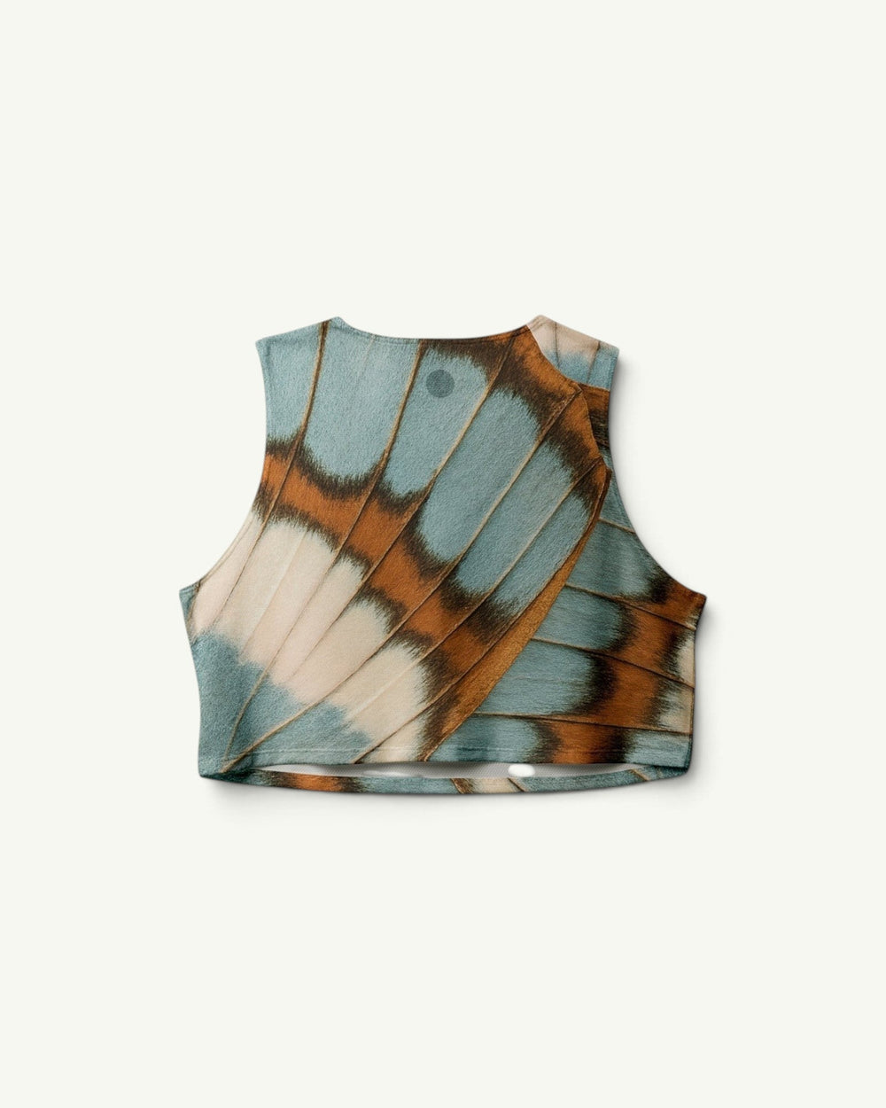 Participation Butterfly Crop Singlet featuring a blue and brown wing print, quick-drying stretch fabric, and racerback cut.