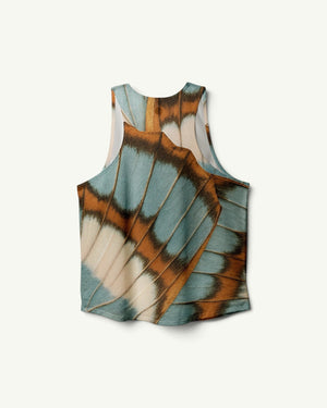 Amateur BUTTERFLY V2 SINGLET featuring a blue and brown butterfly wing print on lightweight moisture-wicking fabric.