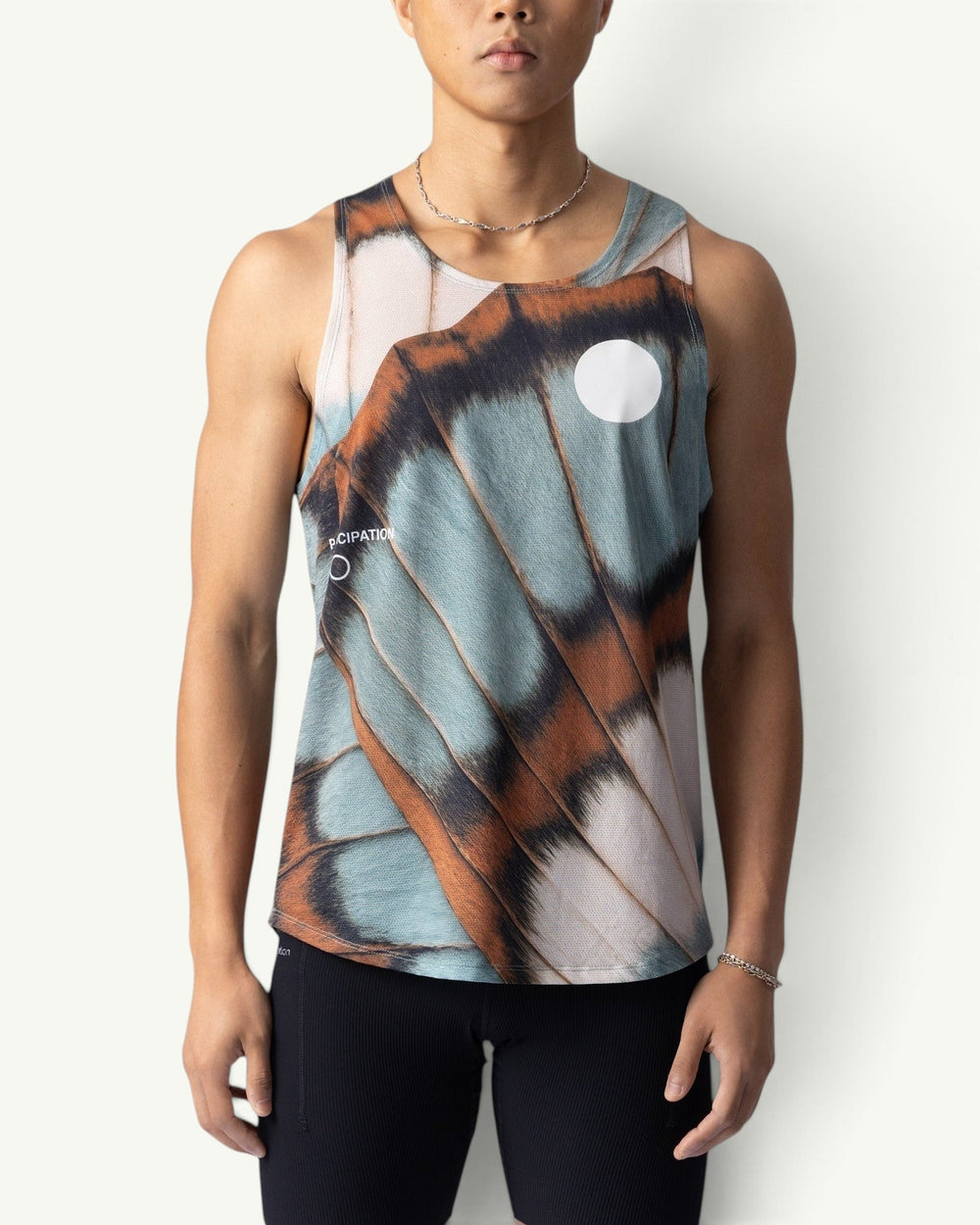 Participation Butterfly V2 unisex running singlet in featherweight four-way stretch fabric with blue and brown wing print
