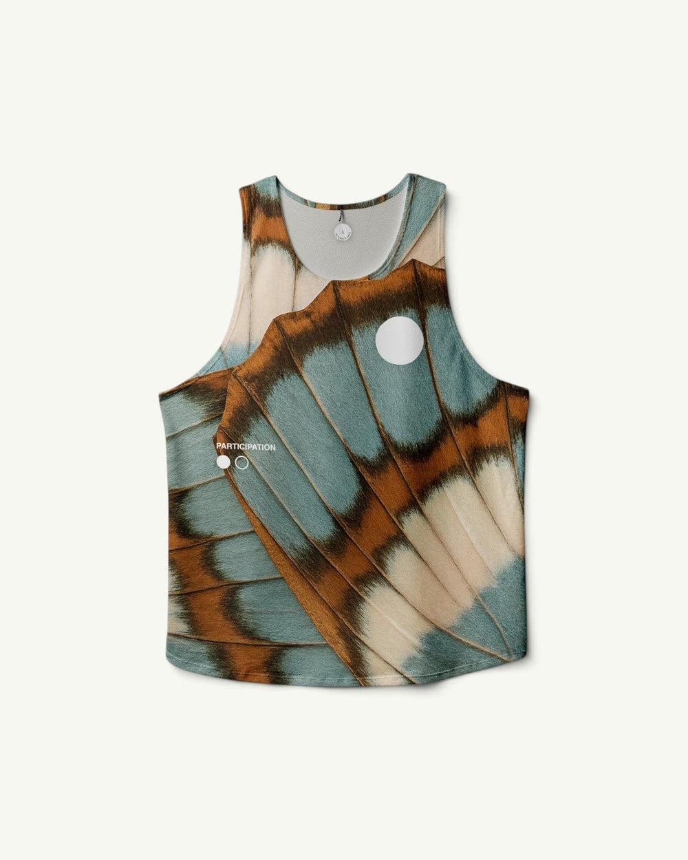 Participation Butterfly V2 unisex running singlet in featherweight four-way stretch fabric with blue and brown wing print