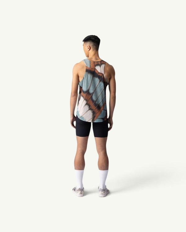 Amateur Butterfly V2 singlet featuring a blue and brown butterfly wing print on a lightweight runner's tank top