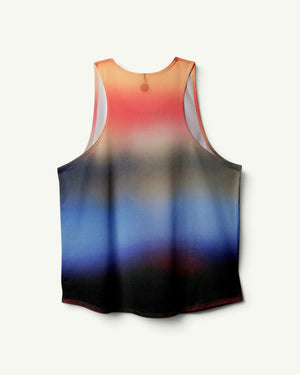 Amateur Dawn singlet featuring a sunrise gradient print, lightweight four-way stretch fabric, and unisex design.
