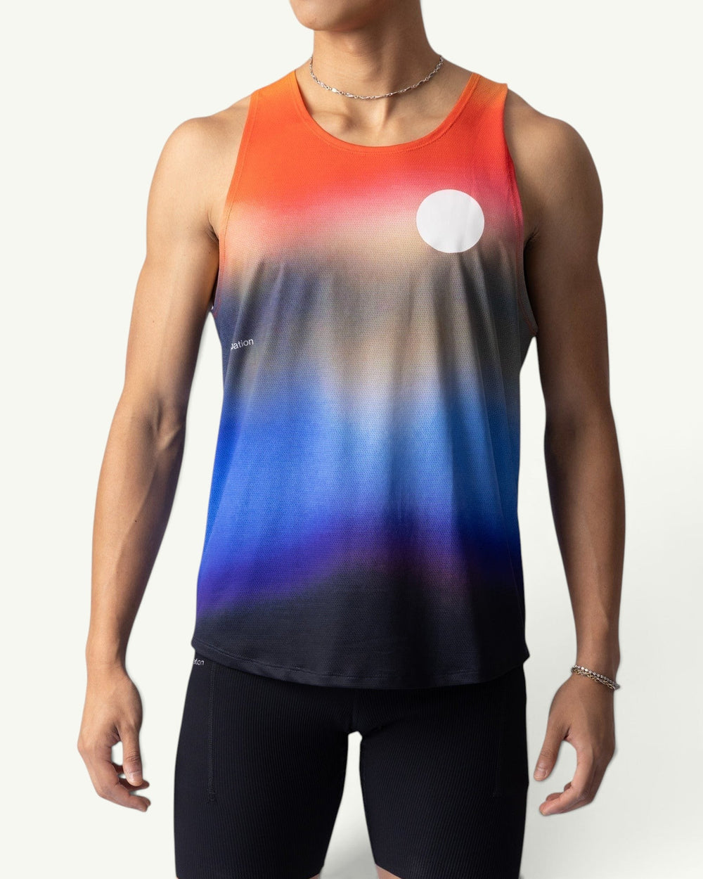 Amateur Dawn singlet featuring a sunrise gradient print, lightweight moisture-wicking fabric, and unisex fit.