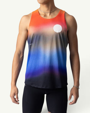 Amateur Dawn singlet featuring a sunrise gradient print, lightweight four-way stretch fabric, and a white circular logo.
