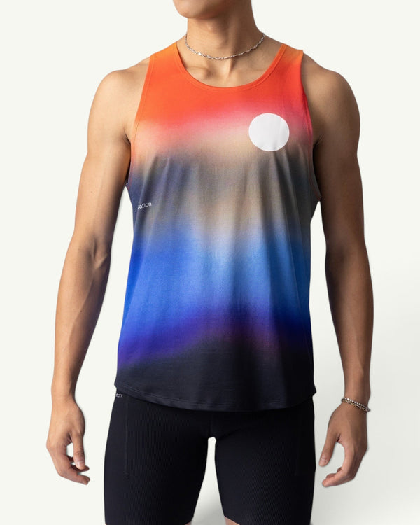 Amateur Dawn singlet featuring a sunrise gradient print, lightweight four-way stretch fabric, and a white circular logo.