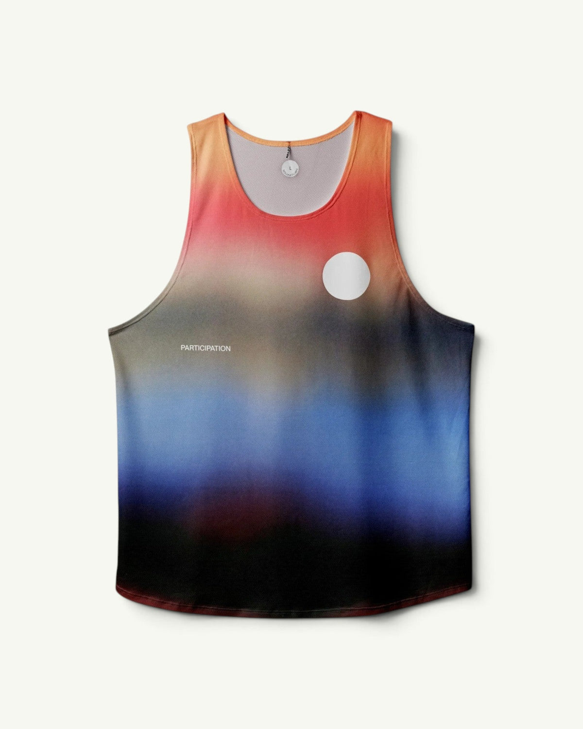 Amateur Dawn singlet featuring a sunrise gradient print, lightweight moisture-wicking fabric, and unisex fit.