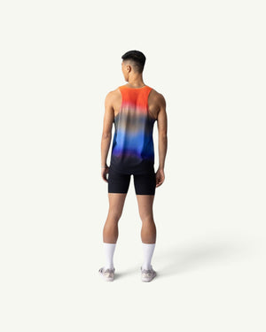 Amateur Dawn singlet featuring a sunrise gradient print on lightweight, moisture-wicking fabric, back view.