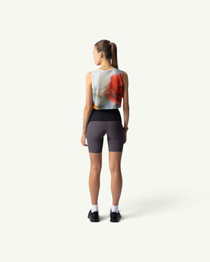 Amateur Frosted Glass crop singlet with soft-focus floral print worn by a woman from the back view