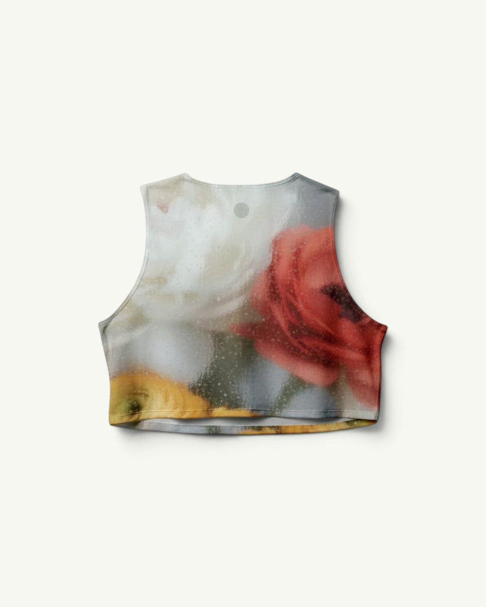 Amateur Frosted Glass crop singlet featuring a soft-focus floral print in red, white, and yellow on stretch fabric.