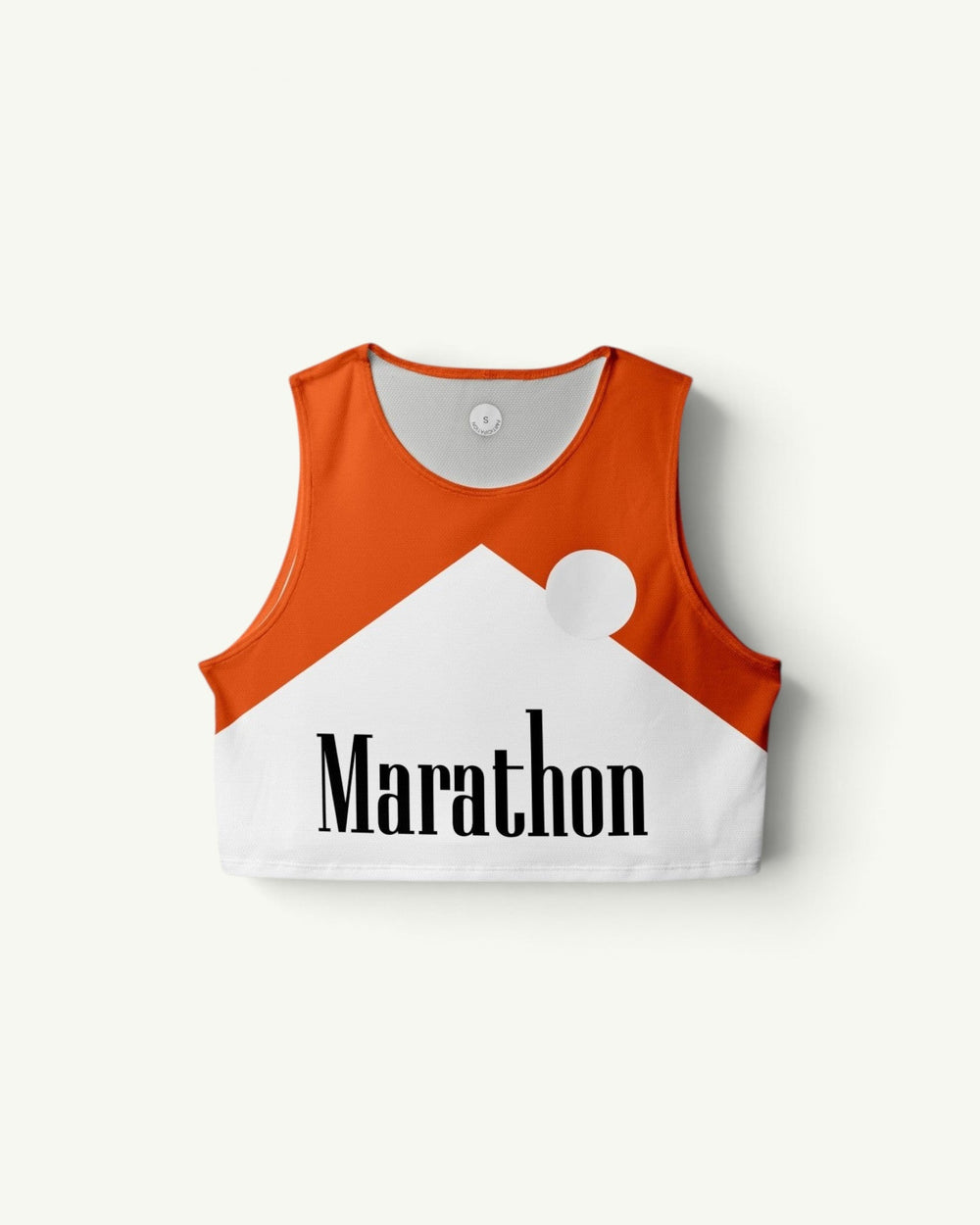 Participation Marathon red crop singlet with white graphic print, made from quick-drying four-way stretch fabric.