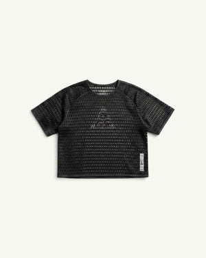 Nike ACG black short-sleeve mesh running top with open-hole Dri-FIT knit for maximum airflow and heat ventilation.