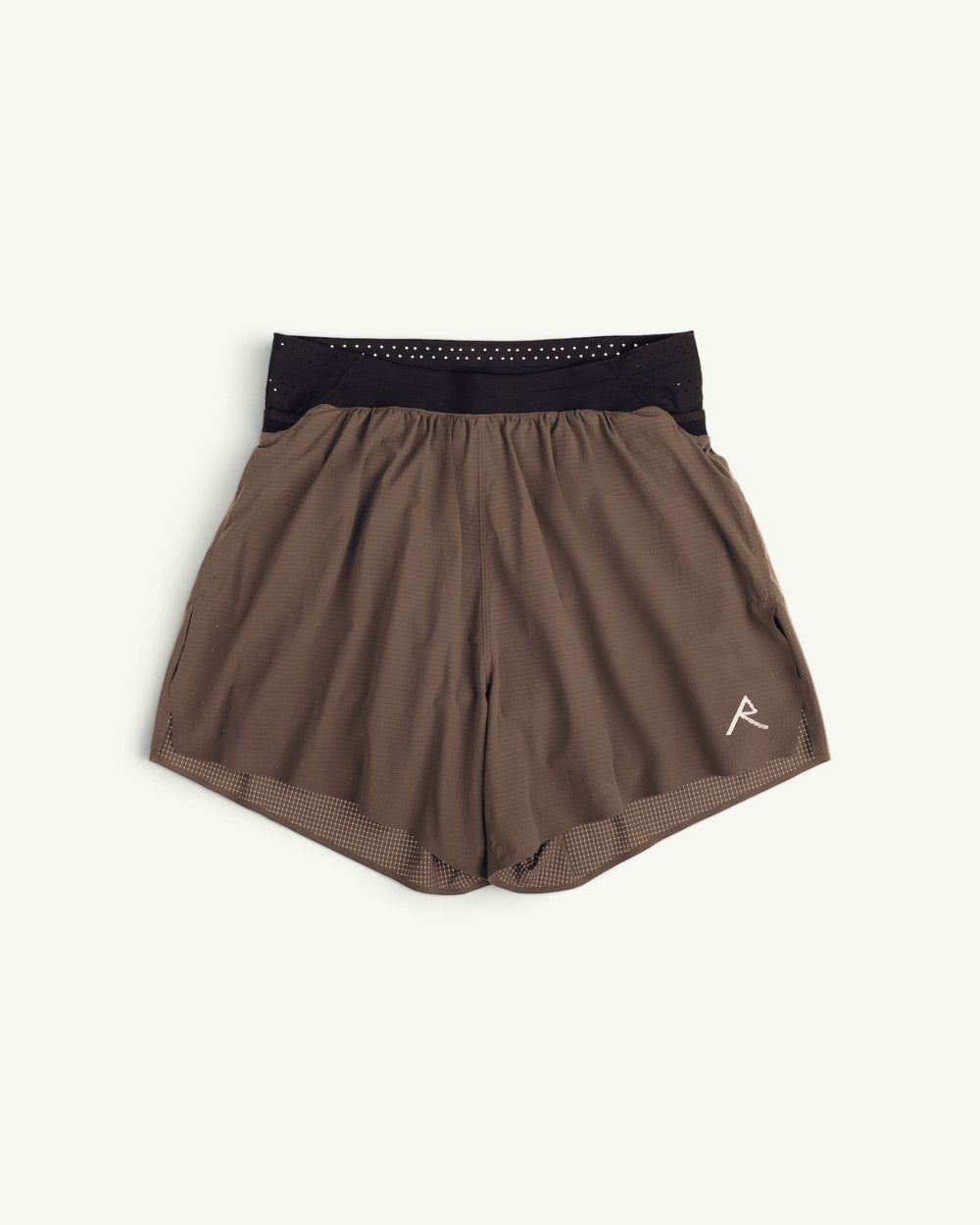 Raide Men's TrailTech 5-inch mountain running shorts in brown with a black waistband and reflective logo detail.