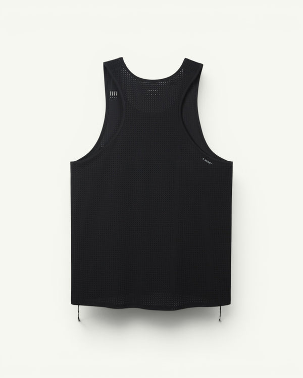 The race top at its most minimal. Space-O perforated micro jersey from Italy cools, dries fast and stretches four ways. Four S-Pins included for the bib, anti-chafe flat seams for the distance. A singlet built for start lines and sticky summer sessions.