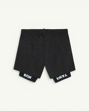 The long short for every run. A silky TechSilk shell from France over a Justice coldblack liner that blocks UV and holds a phone up to full size. Zippered back pocket for cargo, double waistband, bonded seams, reflective print for low light. Eight inches of coverage that still moves like silk.