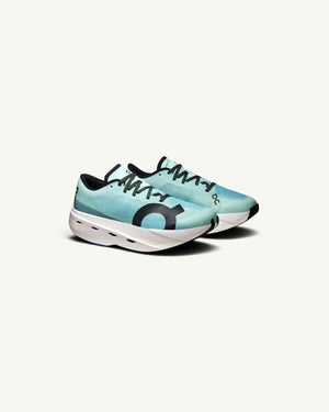 On women's Cloudboom Volt carbon-plated racing shoe in light blue with black accents and thick white foam sole