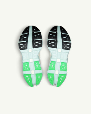On Women's Cloudmonster 3 Hyper running shoes showing the mint green and black CloudTec outsole tread pattern