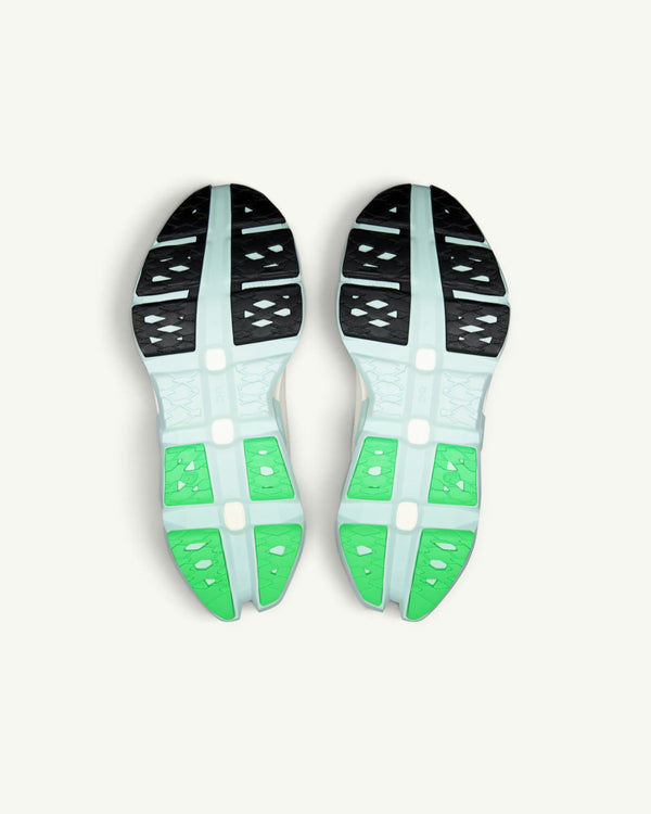 On Women's Cloudmonster 3 Hyper running shoes showing the mint green and black CloudTec outsole tread pattern