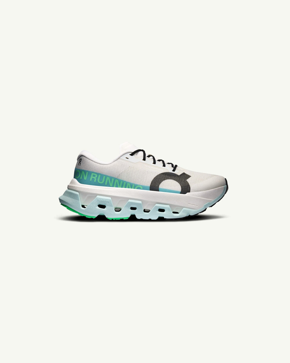 On Women's Cloudmonster 3 Hyper running shoe in white with teal accents and thick CloudTec cushioning