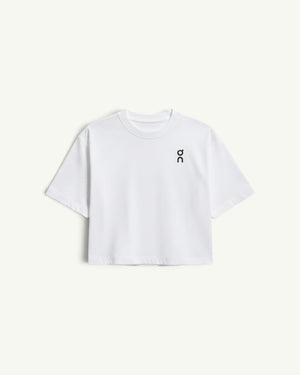 On Women's Club Boxy-T in white with a relaxed fit and small black logo on the chest.