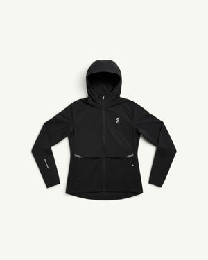 On women's black lightweight hooded running jacket with wind-blocking and water-shedding fabric
