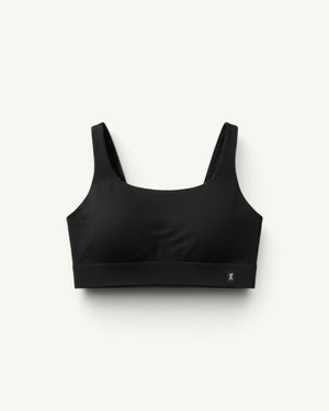 On Women's Performance Bra 2 in black, featuring a chafe-free design and breathable stretch fabric.