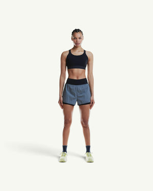 On model wearing a black performance sports bra with a chafe-free design and breathable stretch fabric.