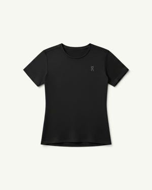 On women's black performance running t-shirt made from fast-drying technical fabric with a clean athletic cut.