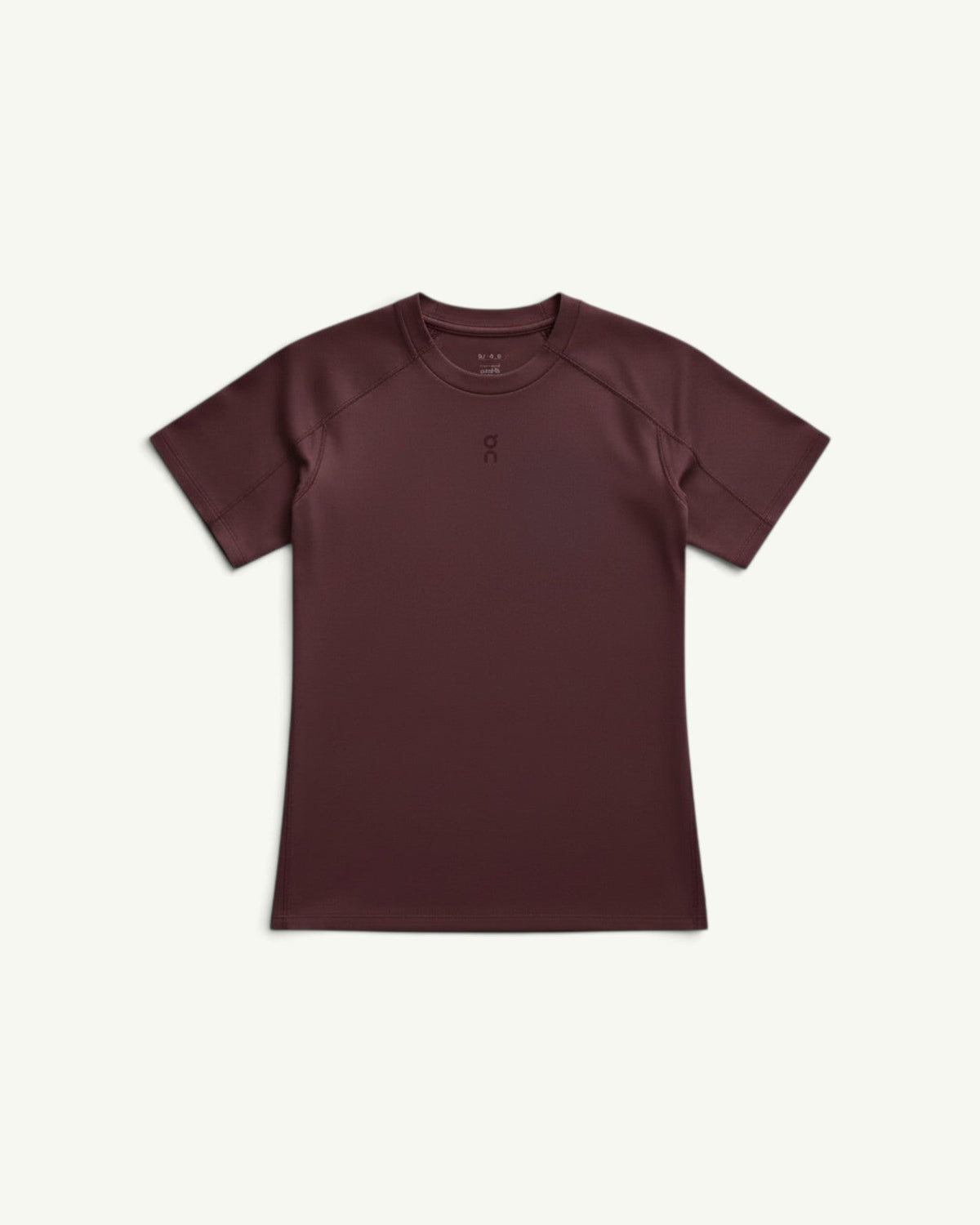 On Women's Trail-T Solar short-sleeve hiking shirt in deep burgundy with UV protection and raglan sleeves.