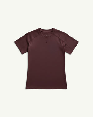 On Women's Trail-T Solar short-sleeve hiking shirt in deep burgundy with UV protection and raglan sleeves.