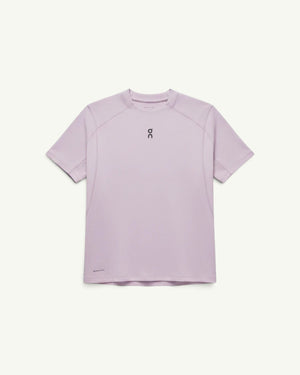 On Women's Trail-T Solar short-sleeve hiking shirt in light lavender with UV protection and breathable fabric.