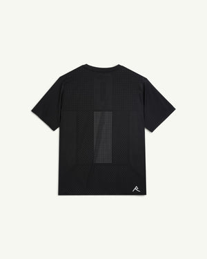 Amateur men's black thermal dispersion trail tee with perforated ventilation pattern and small logo on back