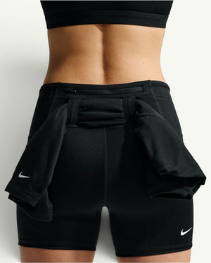 Amateur women's black Dri-FIT high-waisted trail running shorts with multiple storage pockets and rear gear loops