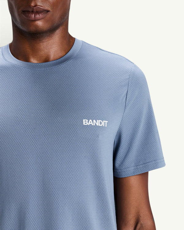 Amateur men's blue Micromesh run tee with crew neckline and Bandit logo on chest