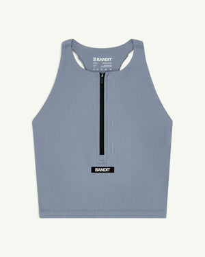 Amateur women's blue ribbed zip-front race crop top with T-back design and Bandit logo patch