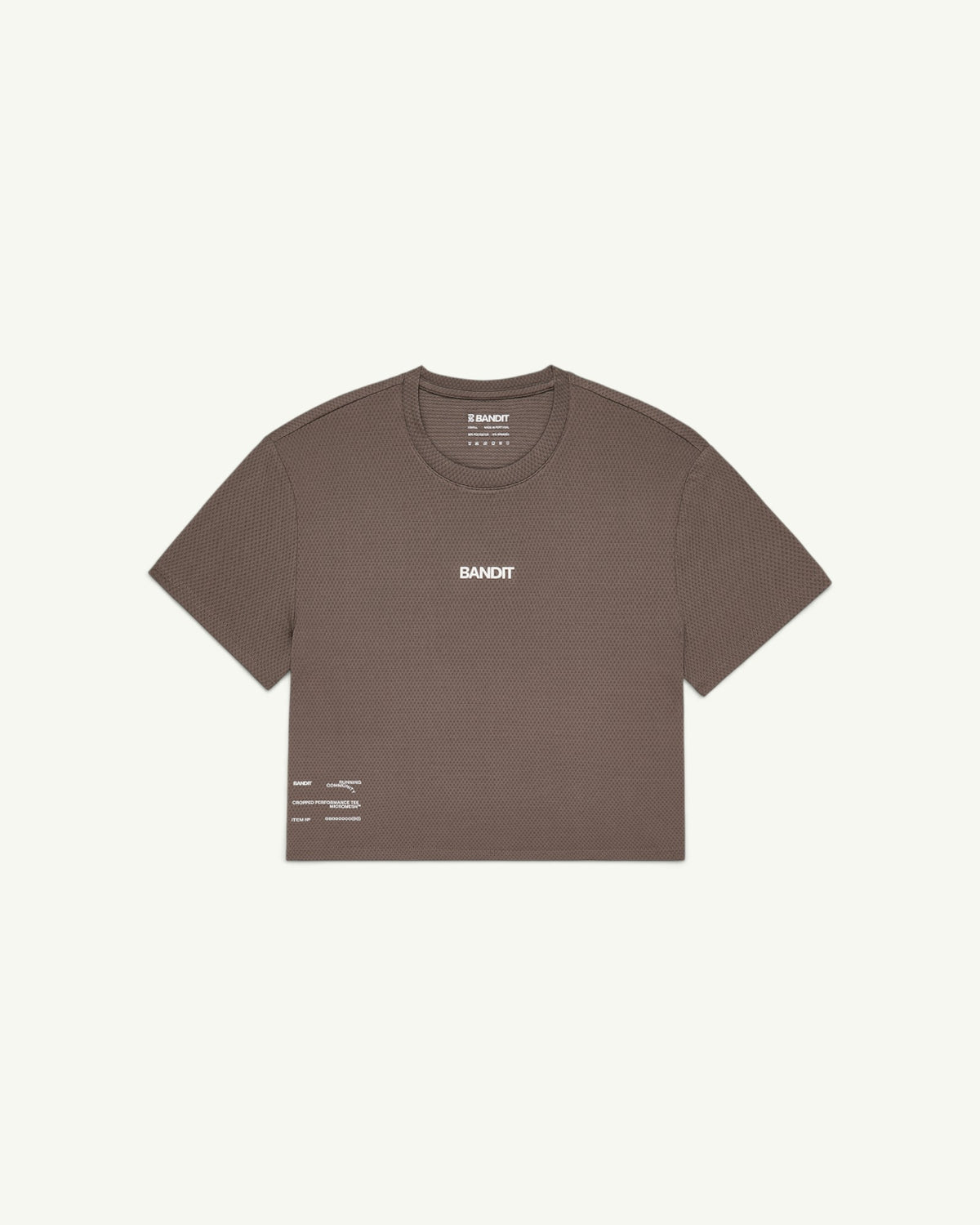 Amateur women's brown Micromesh cropped run tee with crew neckline and reflective branding details.
