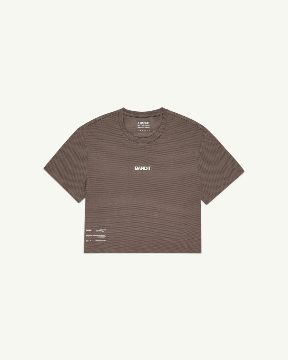 Amateur women's brown Micromesh cropped run tee with crew neckline and reflective branding details.
