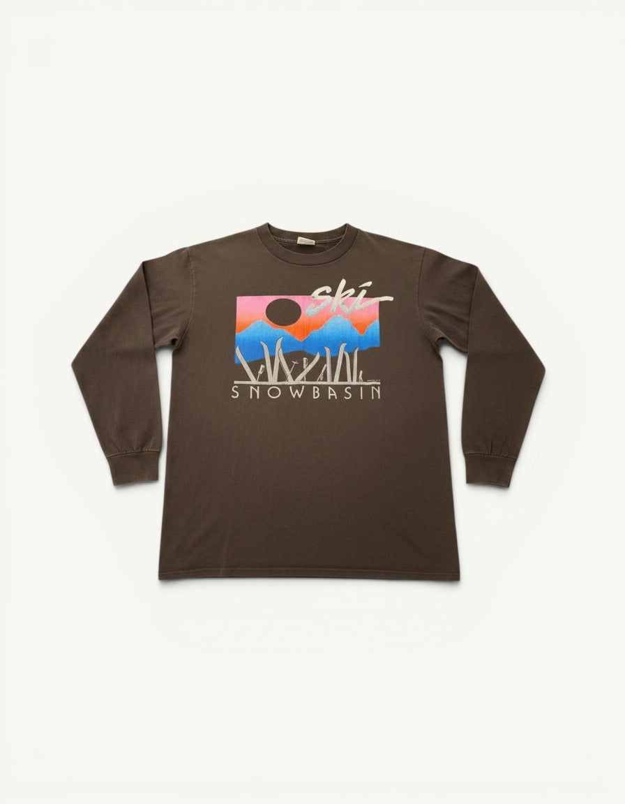 Amateur vintage brown cotton long sleeve top featuring a colorful Snow Basin ski resort graphic print on the chest.