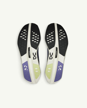Amateur Men's Cloudboom Volt carbon-plated racing shoe outsoles featuring Helion HF foam in white, black, and purple.