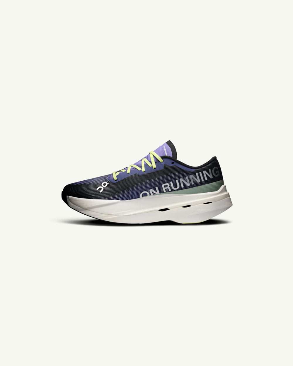 Amateur Men's Cloudboom Volt carbon-plated racing shoe in black and purple with yellow laces and thick white sole