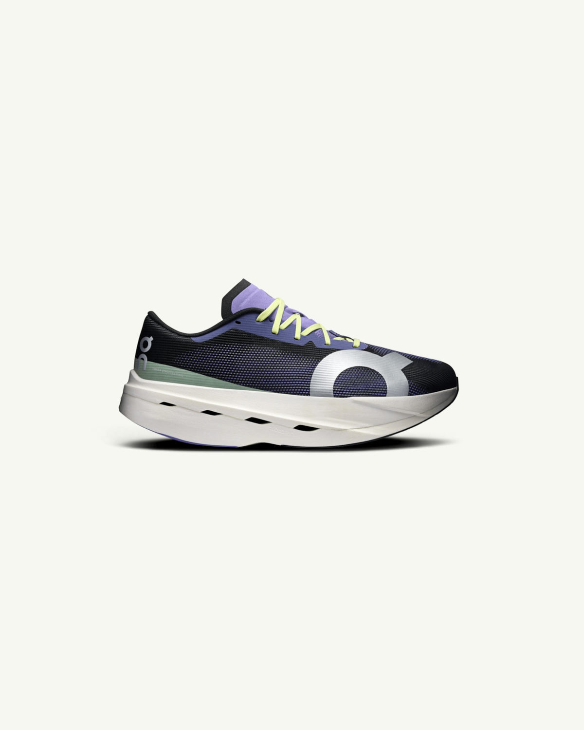 Amateur Men's Cloudboom Volt carbon-plated racing shoe in black and purple with yellow laces and thick white sole