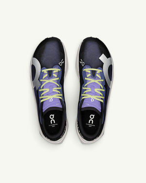 Amateur Men's Cloudboom Volt carbon-plated racing shoe in black and purple with lime green laces, top-down view.