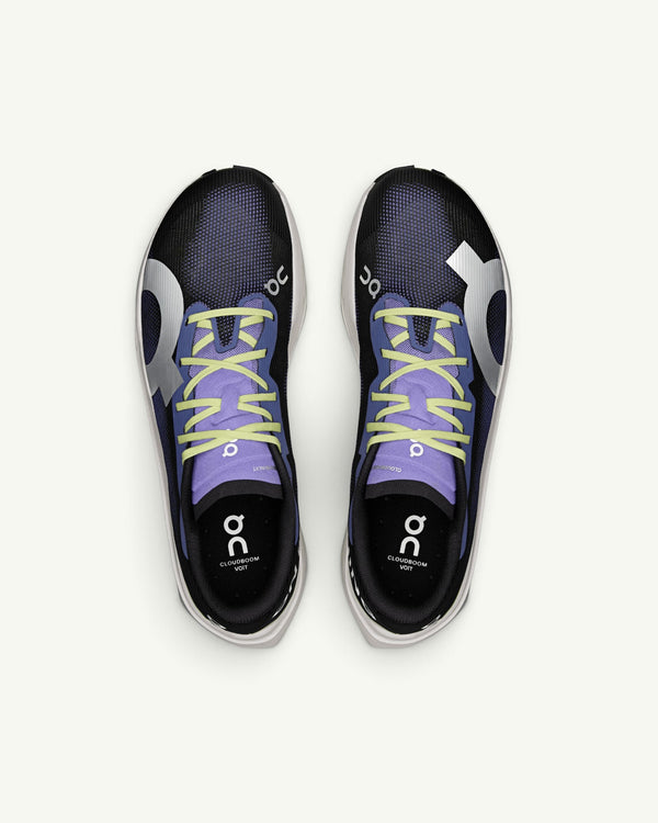 Amateur Men's Cloudboom Volt carbon-plated racing shoe in black and purple with lime green laces, top-down view.