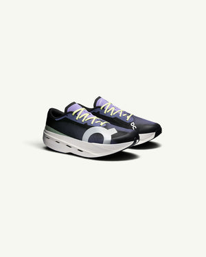 Amateur Men's Cloudboom Volt carbon-plated running shoe in black and purple with yellow laces and white foam sole