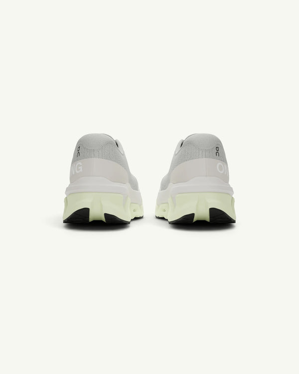 Amateur Men's Cloudmonster 3 Hyper running shoes in light grey with thick, bouncy CloudTec soles, rear view.