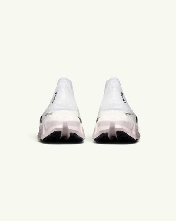 Rear view of Amateur Cloudmonster 3 Hyper LS running shoes with white LightSpray upper and max-stack Helion HF sole.
